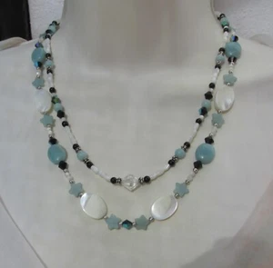 Art Deco Stil Amazonit Onyx Perlmutt Kristall Kette 925 Silber Unikat Collier - Bild 1 von 13