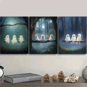 3pcs Three Cute Little Ghosts Night Perfect Wall Art Canvas Framed 50x70cm - Picture 1 of 3