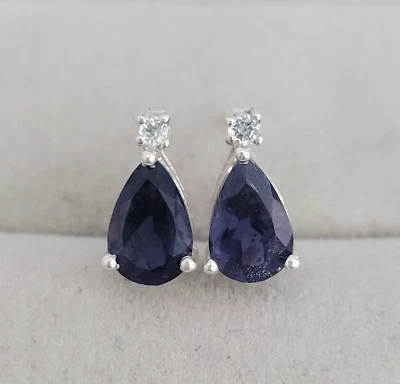 925 Solid Silver Stud Earring- September Birthstone Blue Iolite Wedding Earring - Image 1 of 4