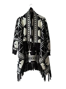 Kensie Size S Black and White Southwest Print Fringe Blanket Cardigan Sweater - Picture 1 of 8