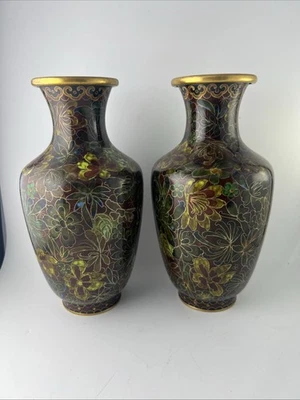 Paire d'anciens vases, en bronze et émail cloisonné, Chine 21 cm - Photo 1/4
