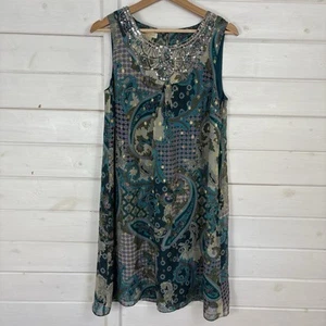 MONSOON Dress Size UK 10 Blue Purple Paisley Silk Summer Sequins Gold Occasion - Picture 1 of 12