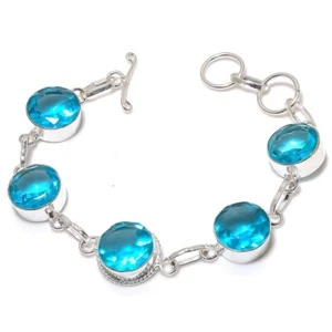 Blue Topaz Quartz Round Gemstone Silver Plated Bracelet Jewelry 7-8" - Picture 1 of 1