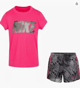 Nike Girls Active Dri Fit Top & Shorts Set Pink/Black Size 6 & 6X - Picture 1 of 2