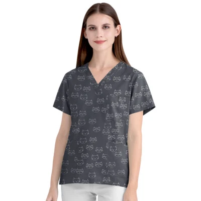 Unisex Scrub Tops 100% Cotton Printed Short Sleeve Medical Nurse V-Neck Shirt - Image 1 of 4