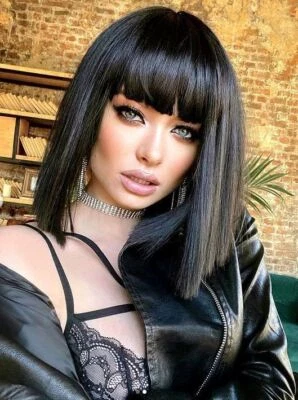 Pelucas cortas Bob Hair Bangs negras rectas sin pegamento sintéticas resistentes al calor fiesta Foto 1 de 4