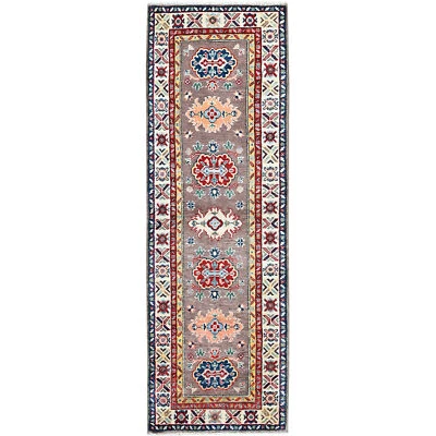 2'x6'5" Gray Kazak with Tribal Design Soft Wool Hand Knotted Runner Rug R486 - Image 1 of 4