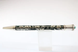 Vintage Silver Plated Floral Relief Ballpoint Pen with Black Enamel (New Refill) - Picture 1 of 5