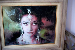 Original Ölgemälde weiblich, Indien, "The Bride's Maang Tika" signiert Tafel 14x18 - Bild 1 von 5