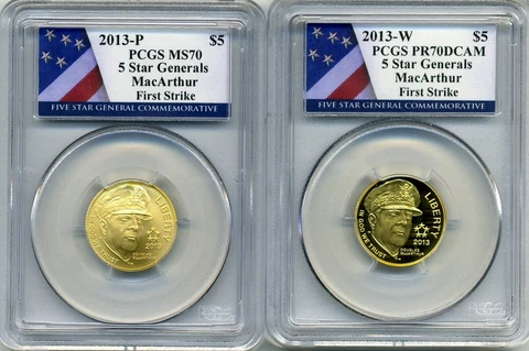BOTH 2013 GENERALS - MACARTHUR - $5 GOLD - PCGS MS70 and PR70DCAM Cover