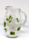 Pichet à jus de boisson en verre transparent vintage 7 pouces avec lèvre de glace fleur blanche peinte à la main