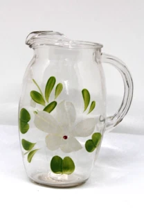 Vintage 7" Klarglas Getränk Saft Krug mit Eislippe handbemalt weiße Blume - Bild 1 von 10
