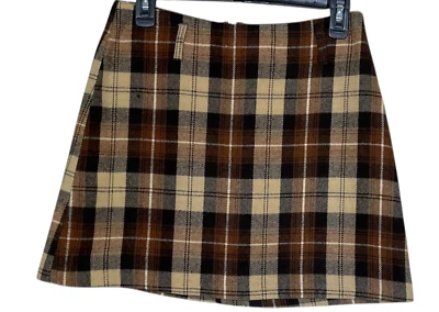 Vtg 90s Y2K Mini Skirt Jr 5 Grunge Tan Brown Plaid Academia 28Wx16L Schoolgirl - Image 1 of 4