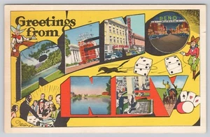 Postal, Reno Nevada carta grande saludos, casinos vaqueros de juego 1940 - Imagen 1 de 2