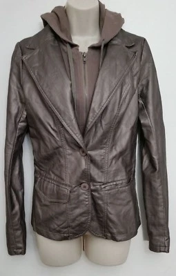 Monoreno женская куртка маленький коричневый искусственной кожи металлический ПВХ съемный капюшон - Изображение 1 из 4