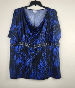 Fashion Bug Size 3X Blue Black Embellished Stretch Short Sleeve Women's Blouse - Picture 1 of 7