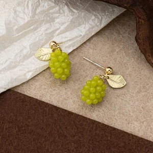 Dainty Cute Green Grapes Drop Golden Leaf Dangle Summer Silver Stud Earrings - Picture 1 of 5