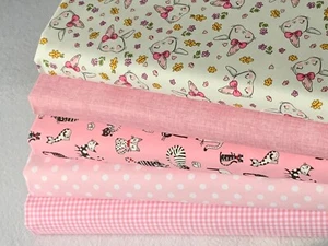 100% cotton fabric Fat Quarter Bundle quilting craft rabbits cats pink white A - Picture 1 of 18
