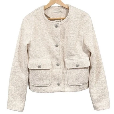 Zara Boucle Ivory Knit Boxy Cropped Blazer Size M RhineStone Bling Button NEW - Image 1 of 4