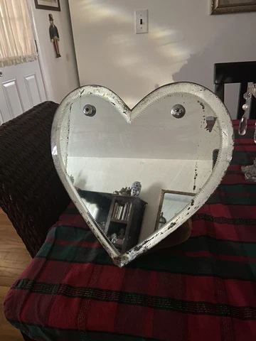 Pretty Antique Distressed Heart Shaped Table Mirror Vanity Vintage Heavy Rare Cover