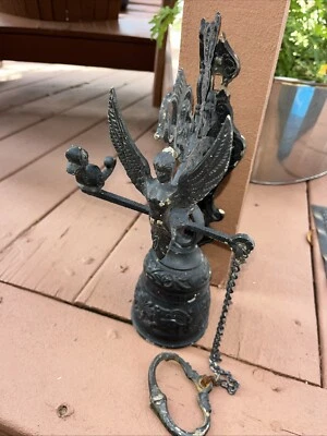Antique Cast Wrought Iron Bell Monastery Catholic Church Wall Mount Angel - Image 1 of 4