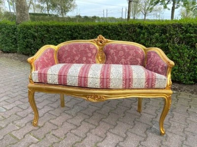 Sofa Couch French Louis XVI Gold Leaf Carved Cream Rose Upholstered Vintage - Image 1 of 4