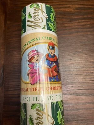 Vintage Christmas Wrapping Paper Roll Green Holly  33 square feet Papercraft - Image 1 of 4
