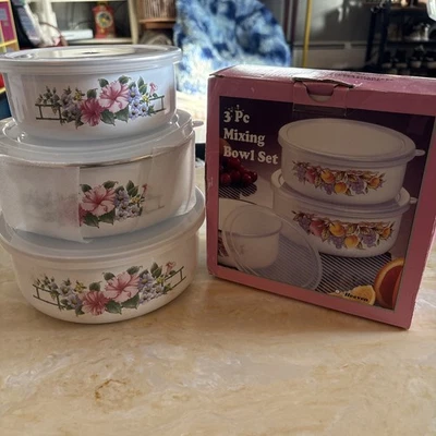 Juego de 3 cuencos mezcladores florales vintage de acero inoxidable esmalte de porcelana Nuevo de Lote Antiguo Foto 1 de 4