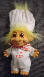 Vintage Russ Troll Doll 4" Chef I love Pizza Outfit Hat Yellow Hair 1990s Toy - Picture 1 of 3