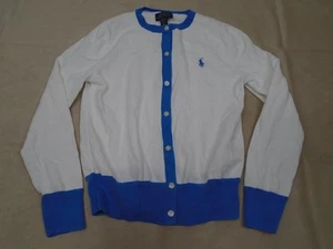 POLO RALPH LAUREN Boy's Cardigan Button Closure White Blue Size Medium M 8-10 - Picture 1 of 7