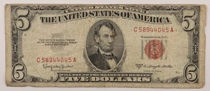 Series 1953 C $5 Five Dollar United States Note Red Seal Legal Tender - 336b - Picture 1 of 3