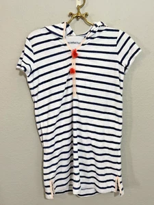 Crewcuts Girls 12 Striped Towel Terry Swim Hoodie Cover Up White & Navy Pom pom - Picture 1 of 4
