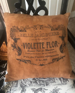 Vtg FRENCH SCRIPT Brown SUEDE LEATHER PILLOW 17" Words Belle Jardinere