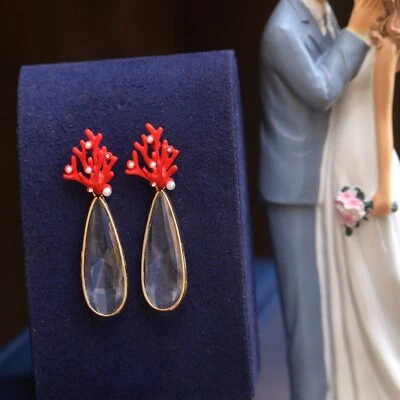 Ohrringe Clip Auf Nicht Durchbohrt Koralle Emaille Rot Tropf Lang Glas DZ1 - Bild 1 von 4