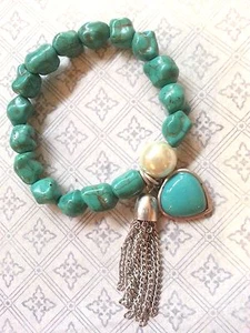 Large Turquoise Nugget Beads Pearl Stretch Bracelet Teardrop Silver Chain Tassel - Picture 1 of 2