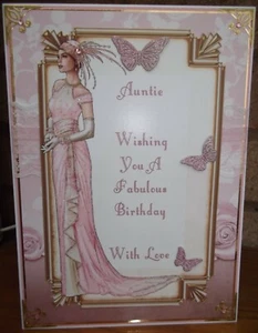HANDMADE ART DECO BIRTHDAY CARD AUNTIE LADY IN PINK PERSONALISED 2021 DESIGN - Picture 1 of 3
