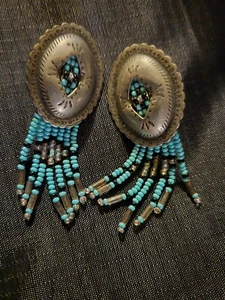 Silver Concho Earrings With Posts And Dangle- Navajo - Hammered - Picture 1 of 5