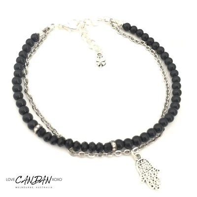 Tobillera Doble Capa Piedras Preciosas Cadena Cristal Hamsa Mano Trébol Bohemio Gitano Foto 1 de 4