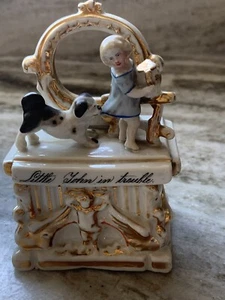 1880 GERMAN CONTA & BOEHME PORCELAIN FAIRING BOX w/ dog "LITTLE JOHN IN TROUBLE" - Picture 1 of 10