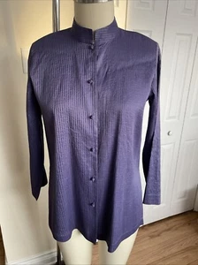 Eileen Fisher ~Silk  Pintuck~S~Open Mandarin Collar Jacket~Plum~Chinese Buttons - Picture 1 of 7