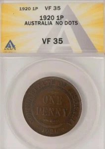 1920 Australia Penny No Dots  ANACS VF 35. Key Date - Picture 1 of 2