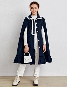 Cute Girls Cape Coat Warm Fleece School Navy Size 8 - Picture 1 of 2