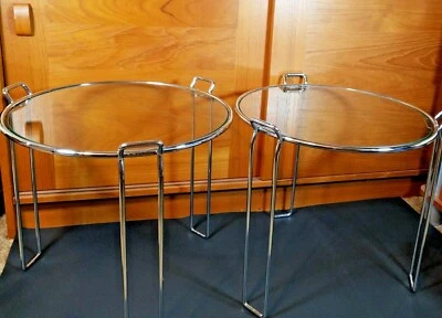 Mid Century Modern Saporiti Set of 2 Chrome Glass Round Nesting Side Tables 60s - Image 1 of 4