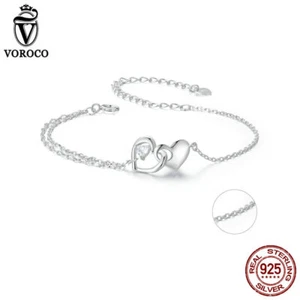 VOROCO Moda 925 Plata de Ley Corazón a Corazón Pulsera Cadena Regalos Joyería - Imagen 1 de 15