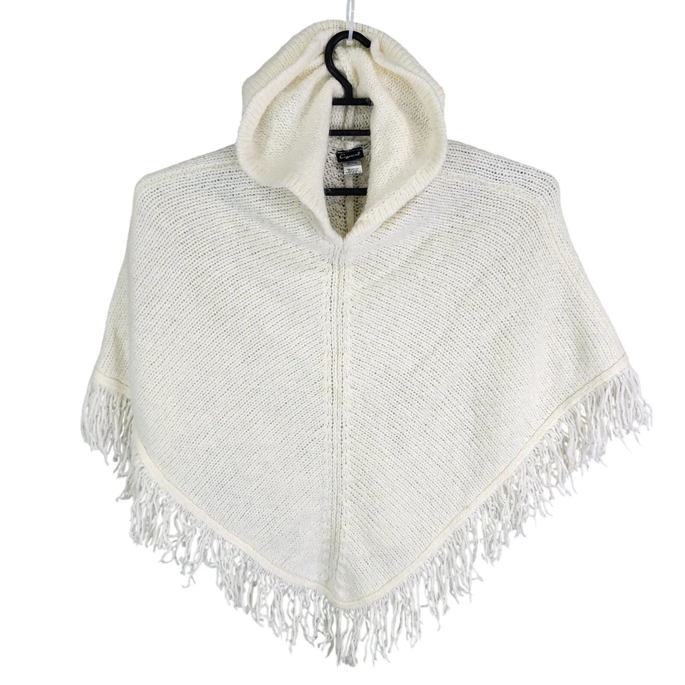 Poncho para mujer Cejón tejido blanco con capucha suéter flecos dobladillo mezcla de lana talla única Foto 1 de 4