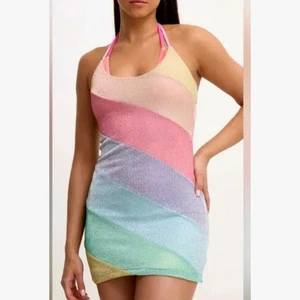 Kurt Geiger Glitzer Pastell Regenbogen Streifen Neckholder Minikleid Schwimmen Cover-Up | Gr. S - Bild 1 von 13