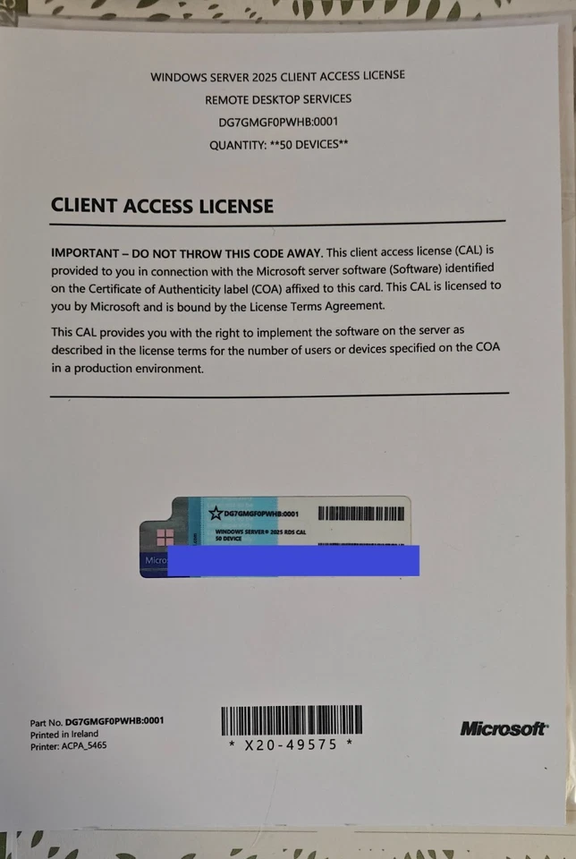 Windows Server 2025 Remote Desktop (RDS) CALs for 50 Devices (Physical) - Image 1 of 1