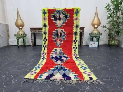 Alfombra marroquí hecha a mano vintage 2'4"x6' bereber geométrica alfombra roja amarilla  Foto 1 de 4