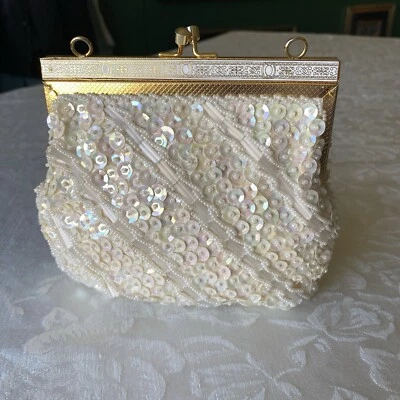 Bolso sin asas vintage de lentejuelas con cuentas blancas con cuentas a mano boda nupcial oro blanco Foto 1 de 4