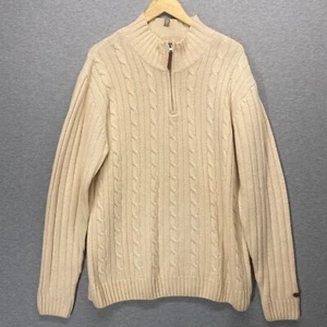 Columbia Sweater Mens Large Cream Fisherman Cableknit Wool Quarter Zip - Picture 1 of 13